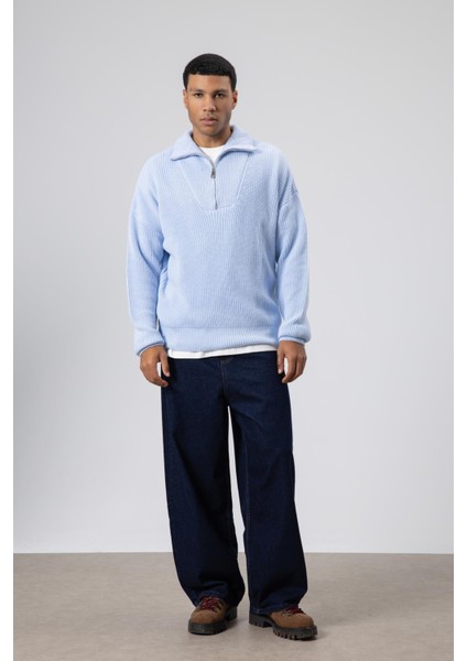 Yarım Fermuarlı Triko Kazak Bebe Mavi