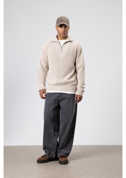 Yarım Fermuarlı Triko Kazak Taş