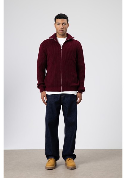 Oversize Fermuarlı Triko Hırka Bordo