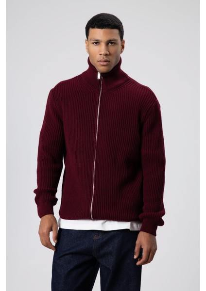 Oversize Fermuarlı Triko Hırka Bordo fiyatları