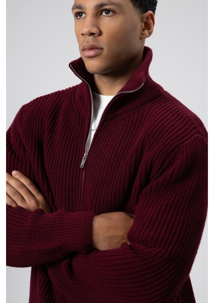 Oversize Fermuarlı Triko Hırka Bordo modelleri