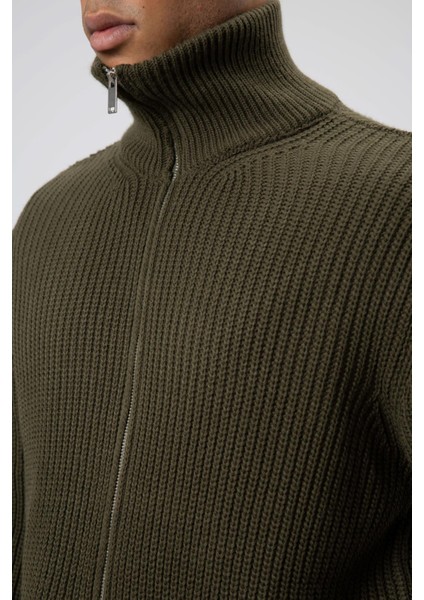 Oversize Fermuarlı Triko Hırka Haki modelleri