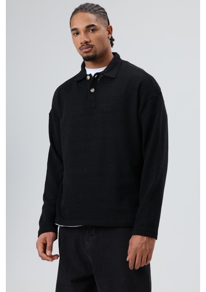 Oversize Polo Yaka Triko Kazak Siyah modelleri