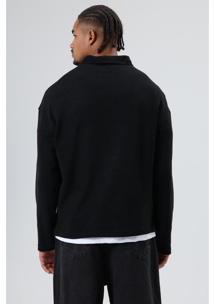 Oversize Polo Yaka Triko Kazak Siyah indirimleri