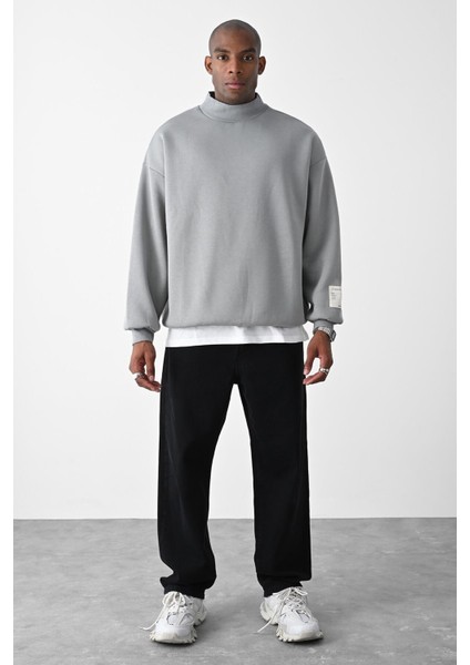 Vizon Kart Detaylı Oversize Sweatshirt Gri