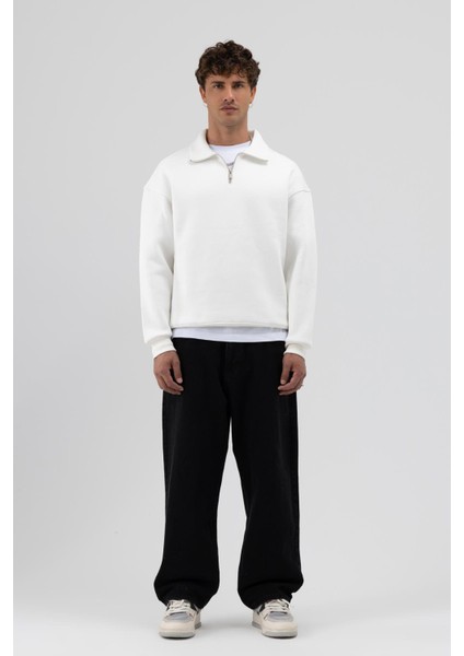Oversize Fermuarlı Dik Yaka Sweatshirt Ekru