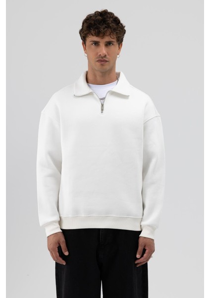 Oversize Fermuarlı Dik Yaka Sweatshirt Ekru modelleri
