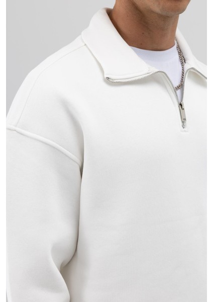 Oversize Fermuarlı Dik Yaka Sweatshirt Ekru indirimleri
