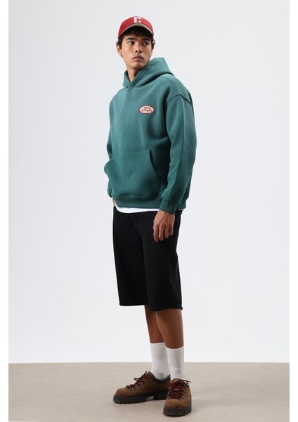 Oversize Baskılı Kapüşonlu Sweatshirt Nefti