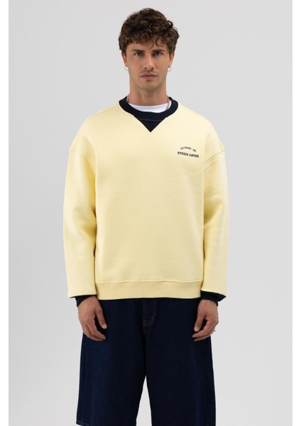 Oversize Bisiklet Yaka Baskılı Sweatshirt Sarı