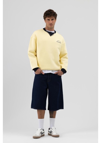 Oversize Bisiklet Yaka Baskılı Sweatshirt Sarı fırsatları