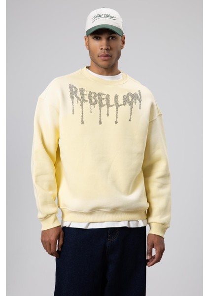 Yıkamalı Oversize Baskılı Sweatshirt Sarı fiyatları