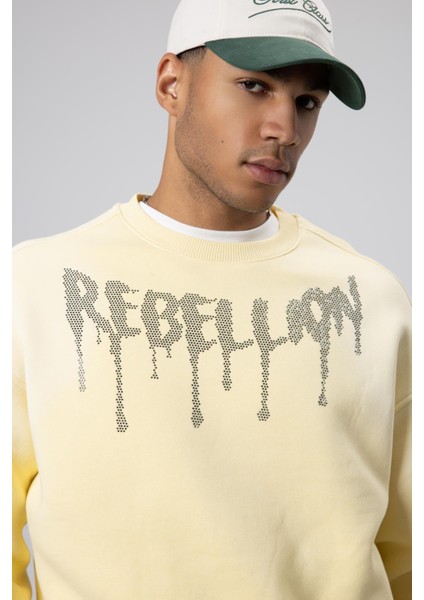 Yıkamalı Oversize Baskılı Sweatshirt Sarı modelleri