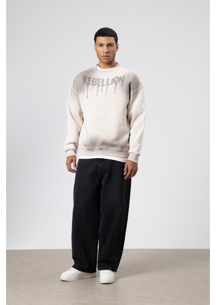 Yıkamalı Oversize Baskılı Sweatshirt Taş