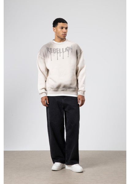 Yıkamalı Oversize Baskılı Sweatshirt Taş fiyatları