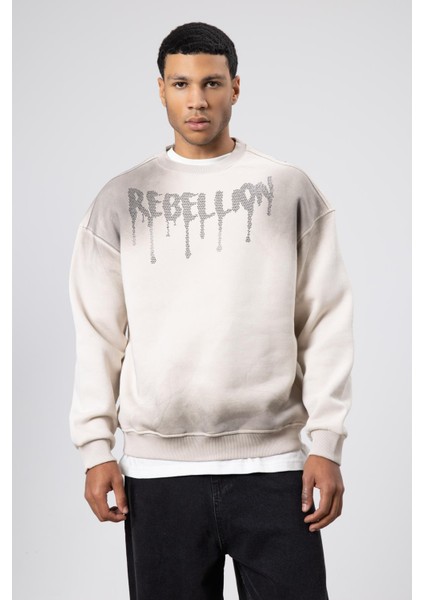 Yıkamalı Oversize Baskılı Sweatshirt Taş modelleri