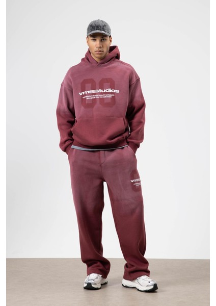 Oversize Baskılı Eşofman Takım Bordo