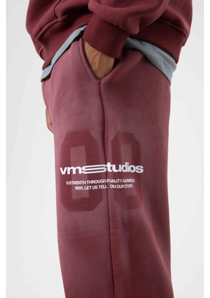 Oversize Baskılı Eşofman Takım Bordo