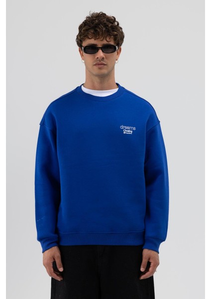 Oversize Bisiklet Yaka Baskılı Sweatshirt Saks