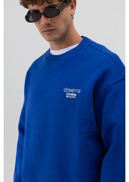 Oversize Bisiklet Yaka Baskılı Sweatshirt Saks modelleri