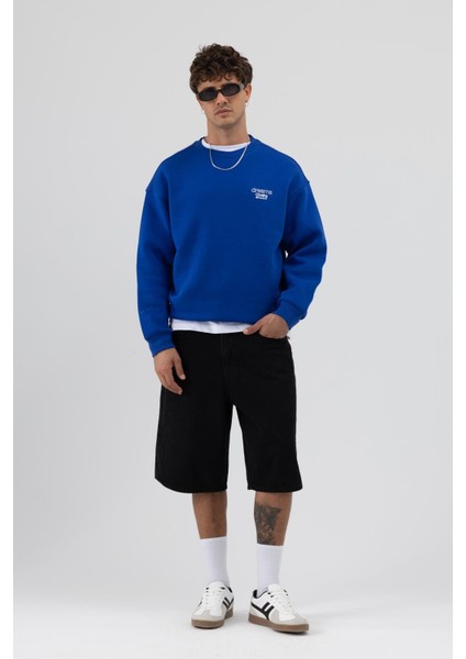 Oversize Bisiklet Yaka Baskılı Sweatshirt Saks indirimleri