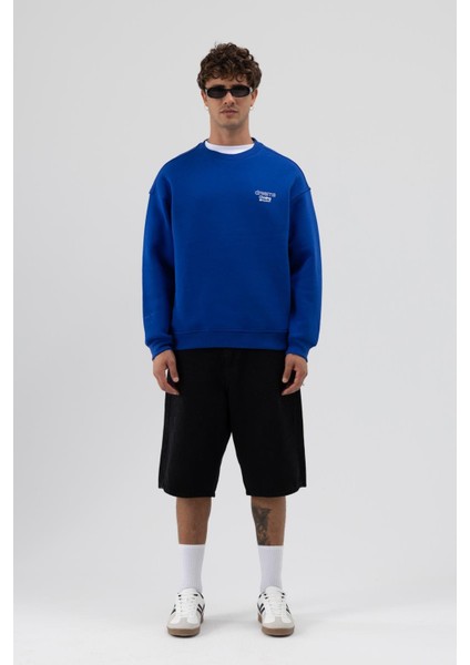 Oversize Bisiklet Yaka Baskılı Sweatshirt Saks