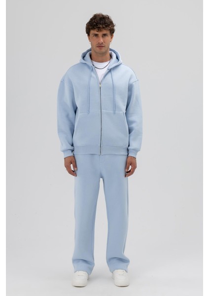 Basic Fermuarlı Oversize Kapüşonlu Sweatshirt Bebe Mavi