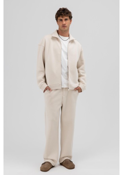 Oversize Önü Fermuarlı Dik Yaka Sweatshirt Taş