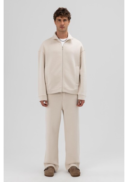 Oversize Önü Fermuarlı Dik Yaka Sweatshirt Taş fiyatları