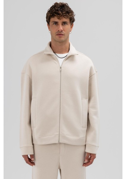 Oversize Önü Fermuarlı Dik Yaka Sweatshirt Taş modelleri