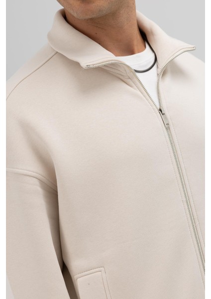 Oversize Önü Fermuarlı Dik Yaka Sweatshirt Taş