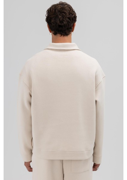 Oversize Önü Fermuarlı Dik Yaka Sweatshirt Taş