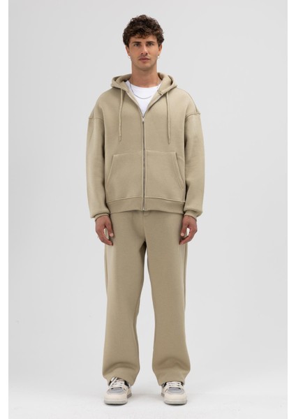 Basic Fermuarlı Oversize Kapüşonlu Sweatshirt Haki fiyatları