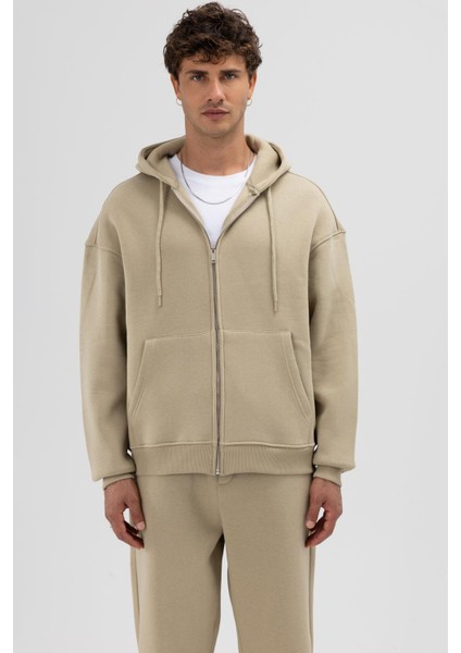 Basic Fermuarlı Oversize Kapüşonlu Sweatshirt Haki modelleri