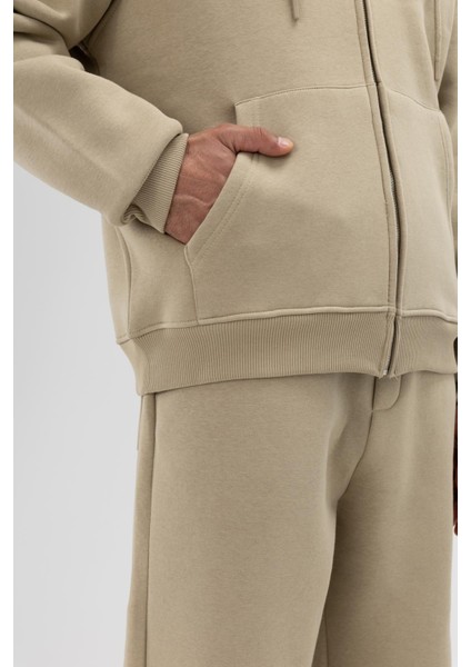 Basic Fermuarlı Oversize Kapüşonlu Sweatshirt Haki indirimleri