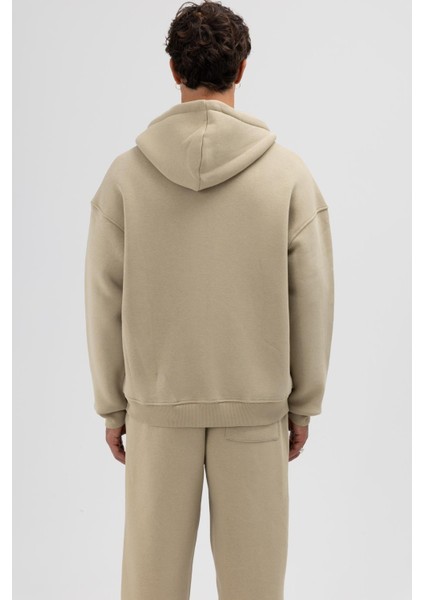 Basic Fermuarlı Oversize Kapüşonlu Sweatshirt Haki
