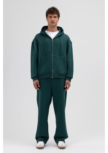 Basic Fermuarlı Oversize Kapüşonlu Sweatshirt Nefti