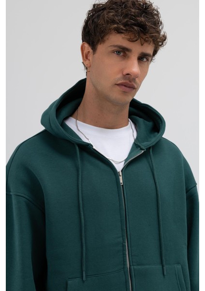 Basic Fermuarlı Oversize Kapüşonlu Sweatshirt Nefti fırsatları