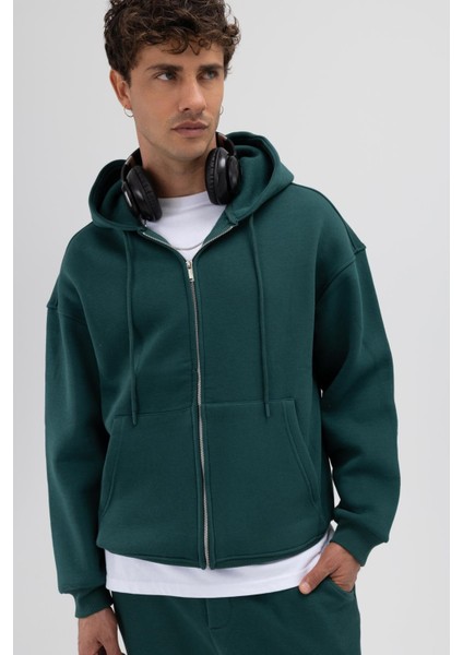 Basic Fermuarlı Oversize Kapüşonlu Sweatshirt Nefti