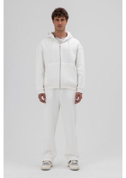 Basic Fermuarlı Oversize Kapüşonlu Sweatshirt Ekru