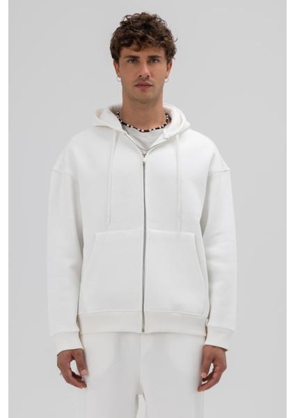Basic Fermuarlı Oversize Kapüşonlu Sweatshirt Ekru fiyatları
