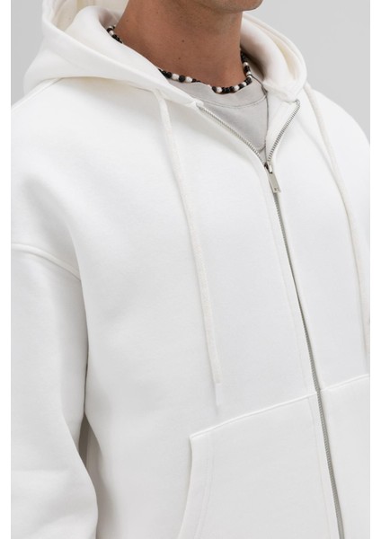 Basic Fermuarlı Oversize Kapüşonlu Sweatshirt Ekru fırsatları