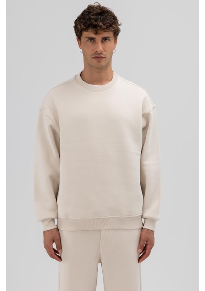 Basic Bisiklet Yaka Oversize Sweatshirt Taş modelleri