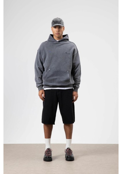 Oversize Yıkamalı Baskılı Kapüşonlu Sweatshirt Siyah