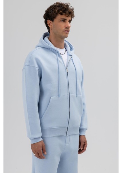 Basic Fermuarlı Oversize Kapüşonlu Sweatshirt Bebe Mavi modelleri