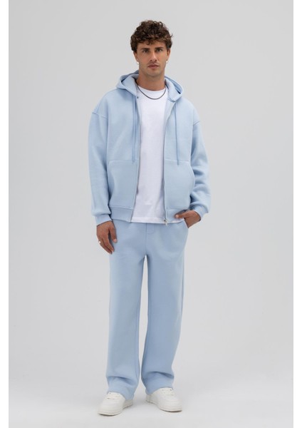 Basic Fermuarlı Oversize Kapüşonlu Sweatshirt Bebe Mavi