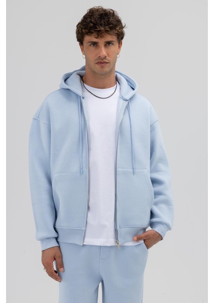 Basic Fermuarlı Oversize Kapüşonlu Sweatshirt Bebe Mavi