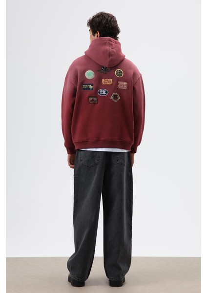 Oversize Baskılı Kapüşonlu Sweatshirt Bordo fırsatları