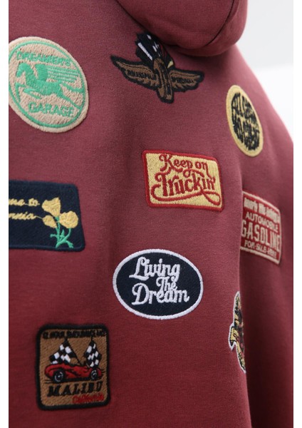Oversize Baskılı Kapüşonlu Sweatshirt Bordo indirimleri