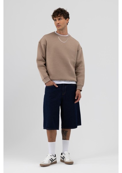 Basic Bisiklet Yaka Oversize Sweatshirt Vizon